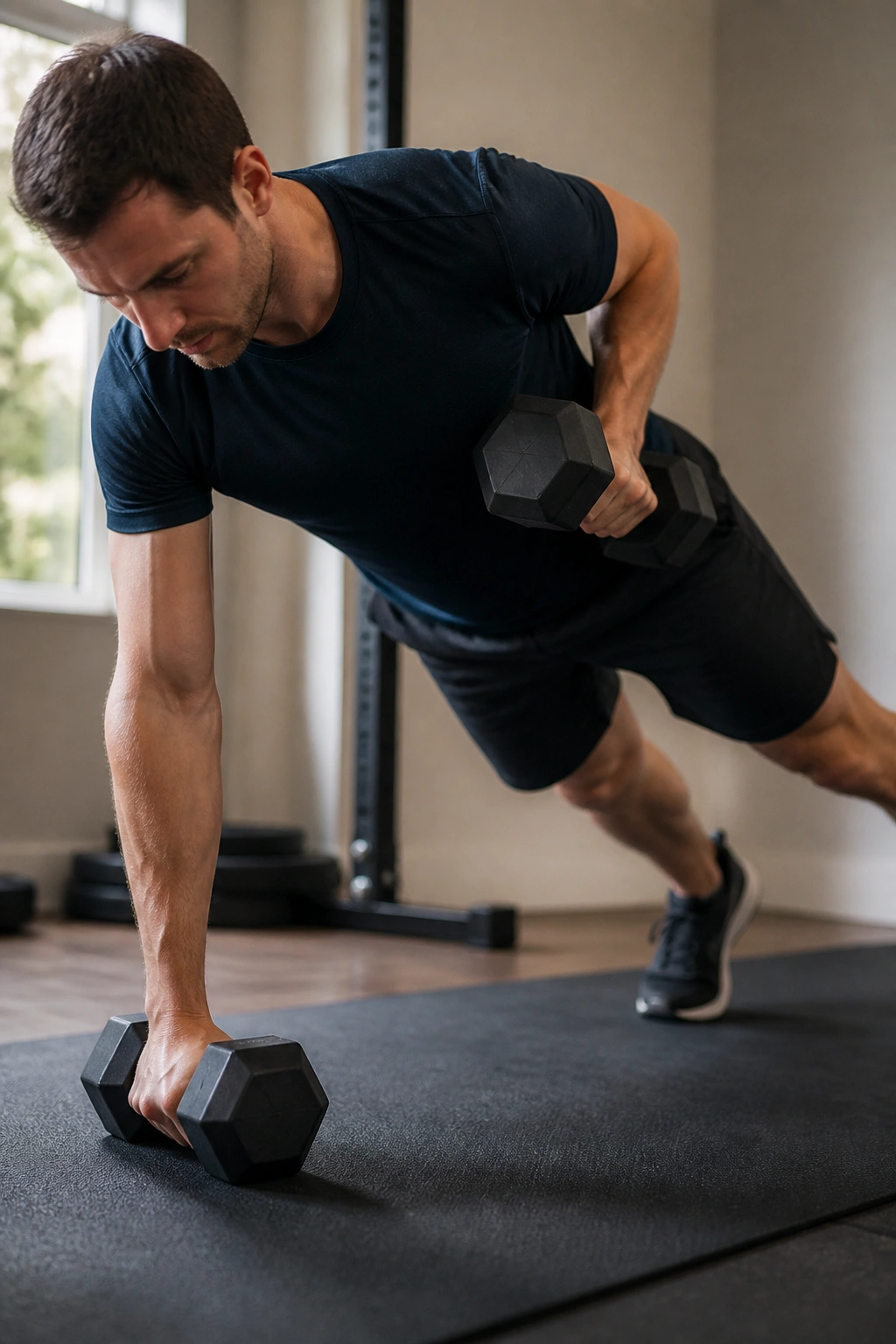 Person performing renegade rows in a home gym