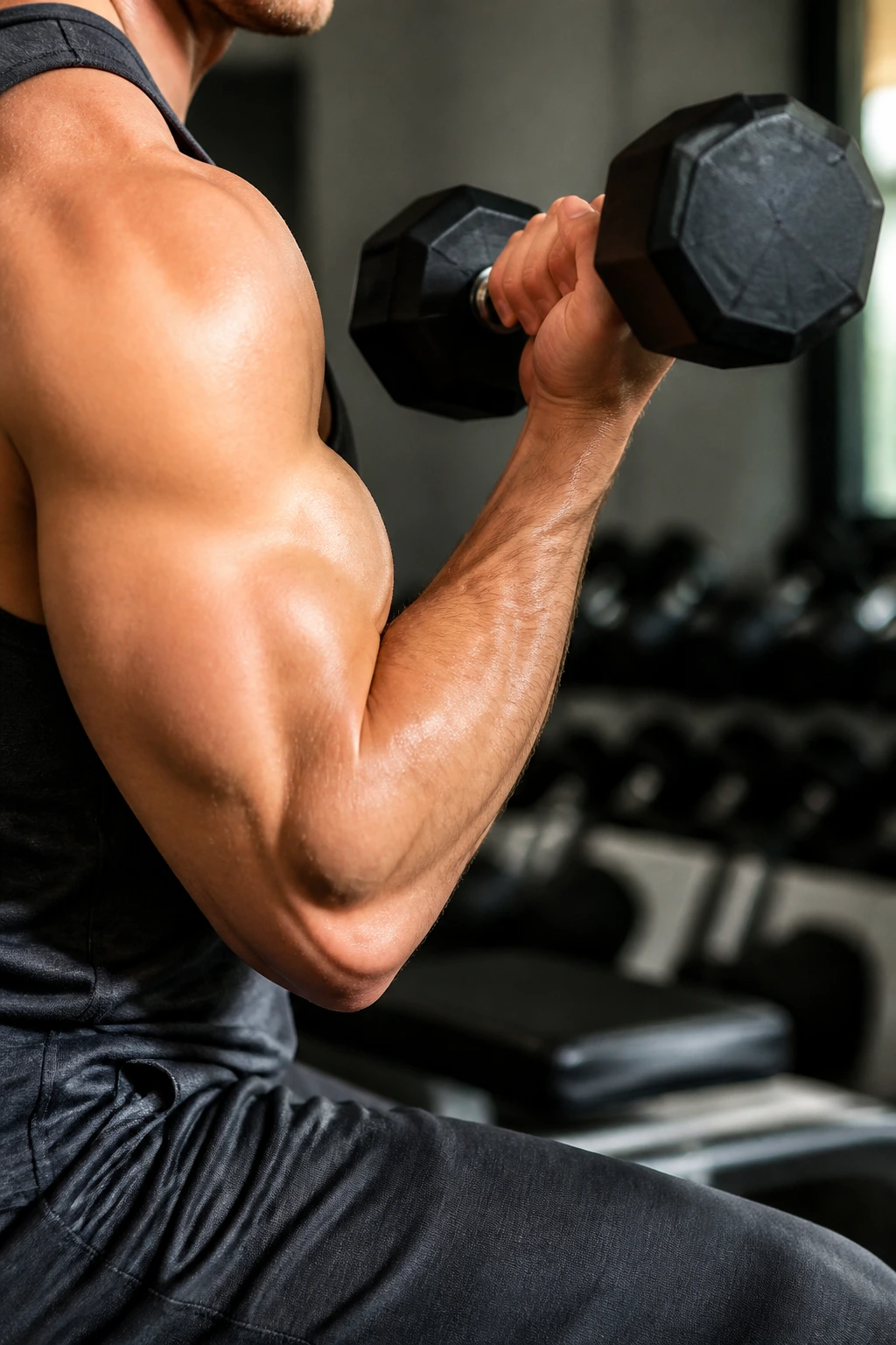 Close-up of a lifter's arm mid-rep performing a bicep curl in a gym