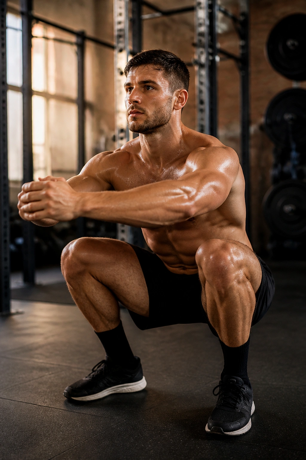 Athlete performing high-rep squats in a gym during a finisher circuit.