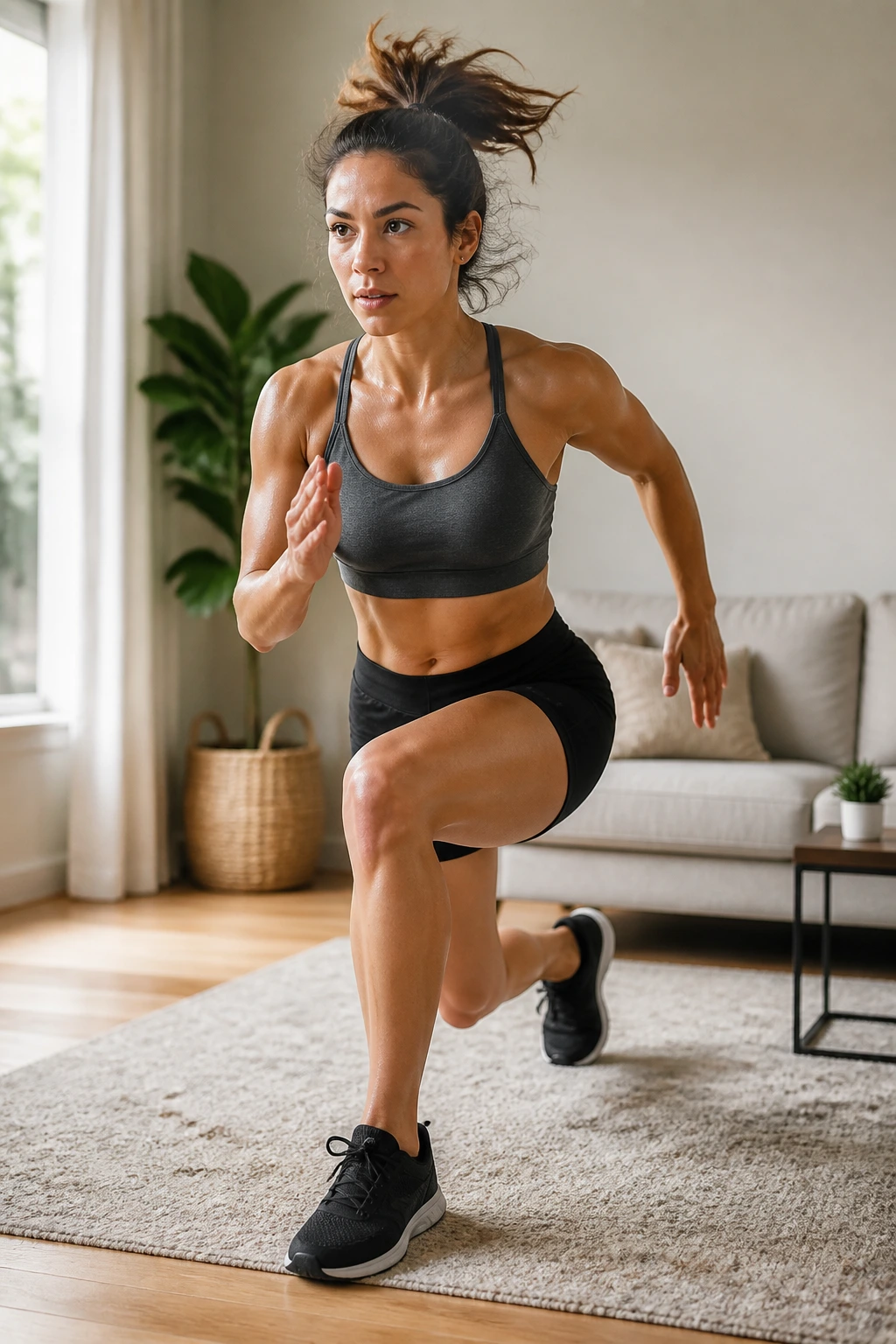 Mid-shot of a person performing jumping lunges in a bright living room