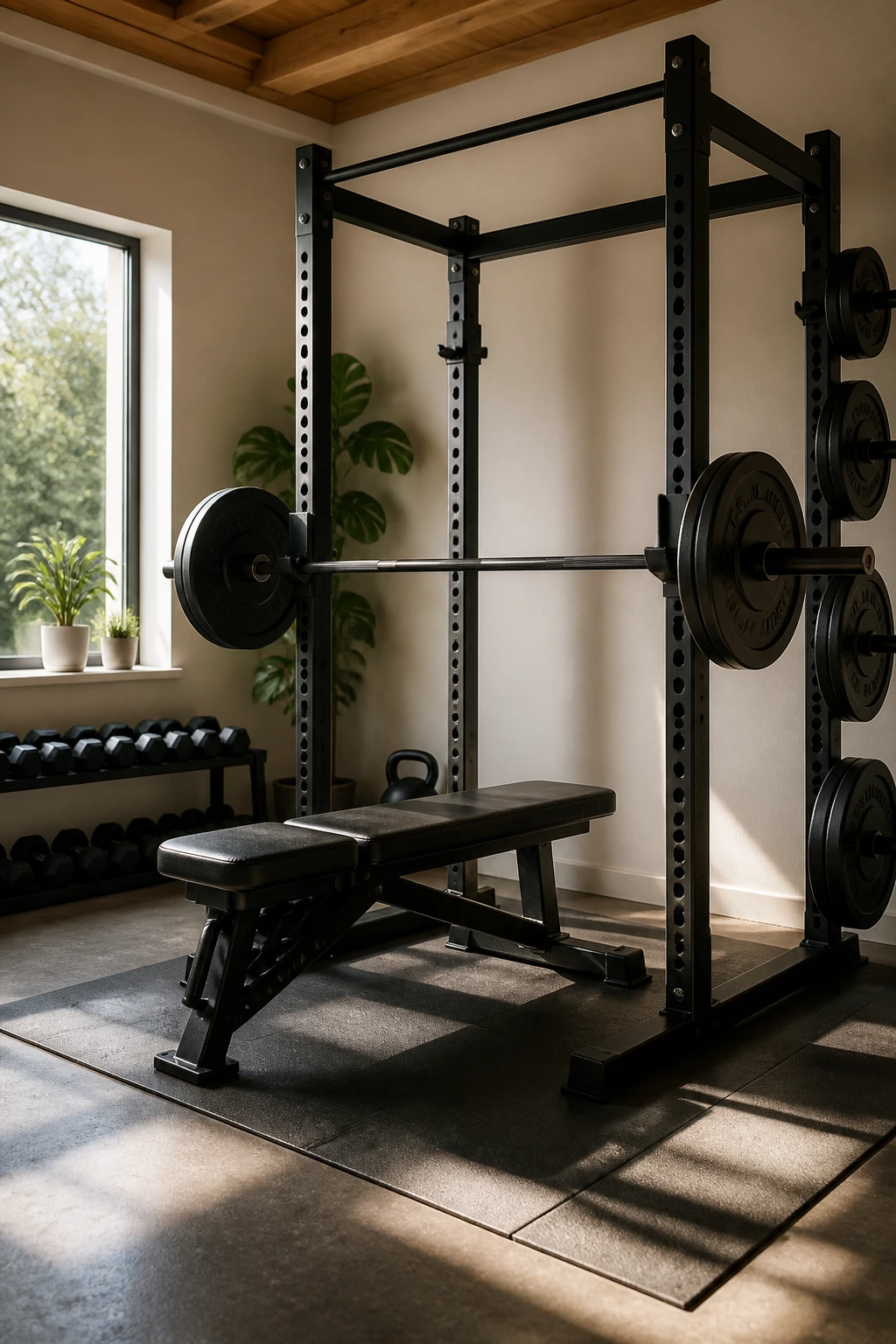 Wide shot of a clean gym corner with rack and bench under natural light