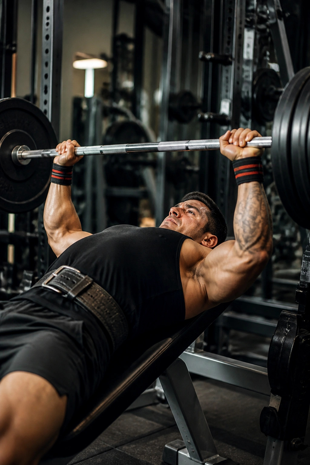 Lifter performing bench press with varied equipment in gym
