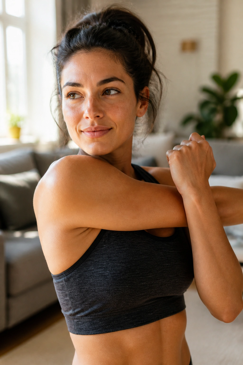 Close-up portrait of a real person doing a mobility stretch in a sunny living room