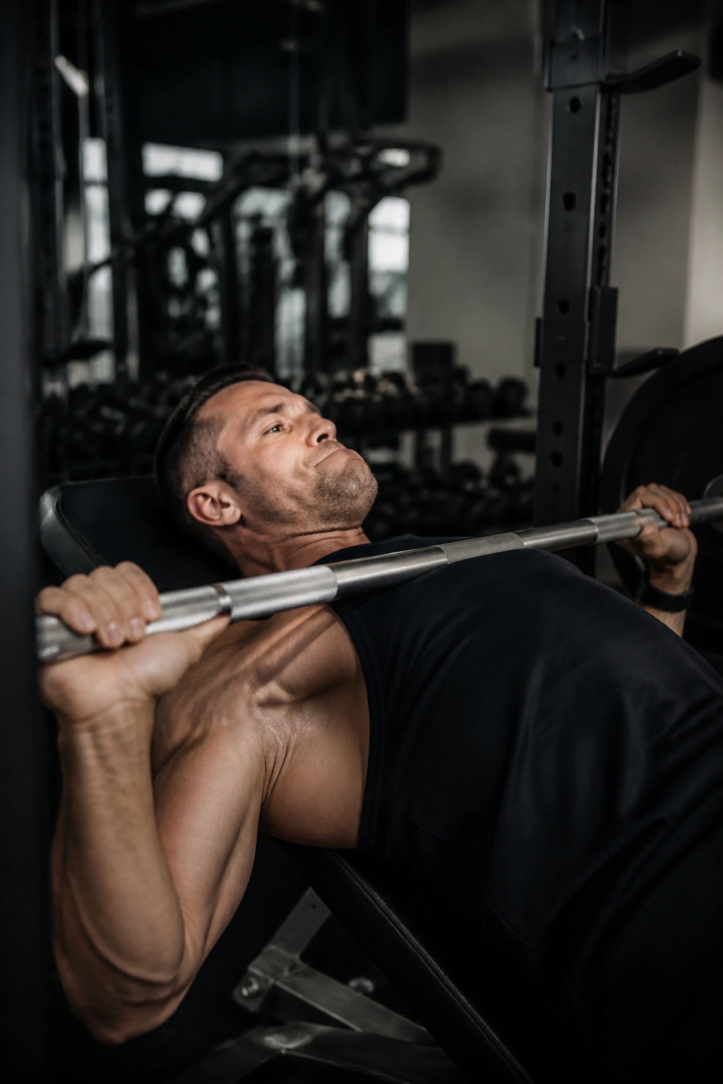 Lifter finishing a bench press with reps in reserve theme