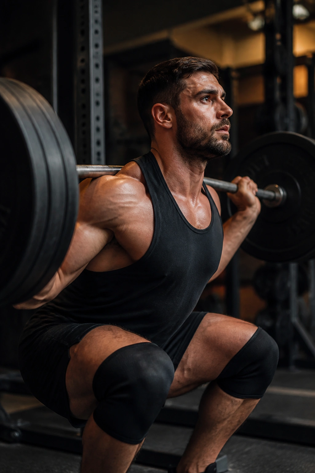 Close-up of lifter performing heavy back squat in gym, goal-aligned reps
