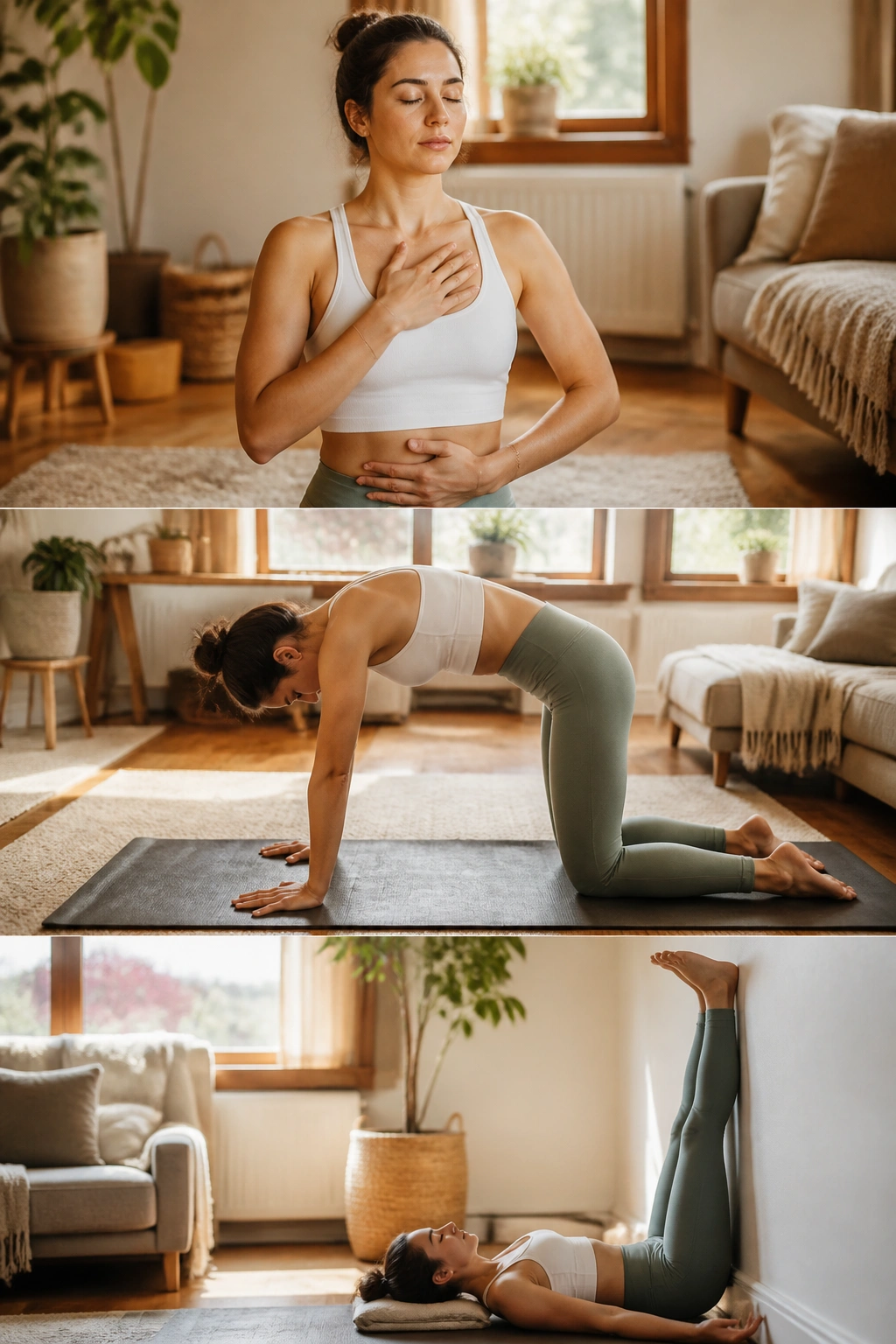 Real person performing reset flow on yoga mat in living room