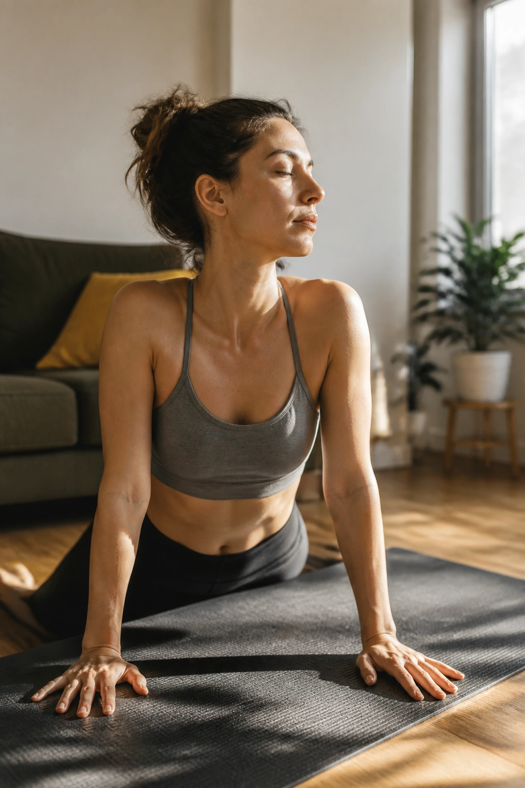 Close-up of a real person performing a gentle floor sequence on a yoga mat in a sunlit living room for a total body reset