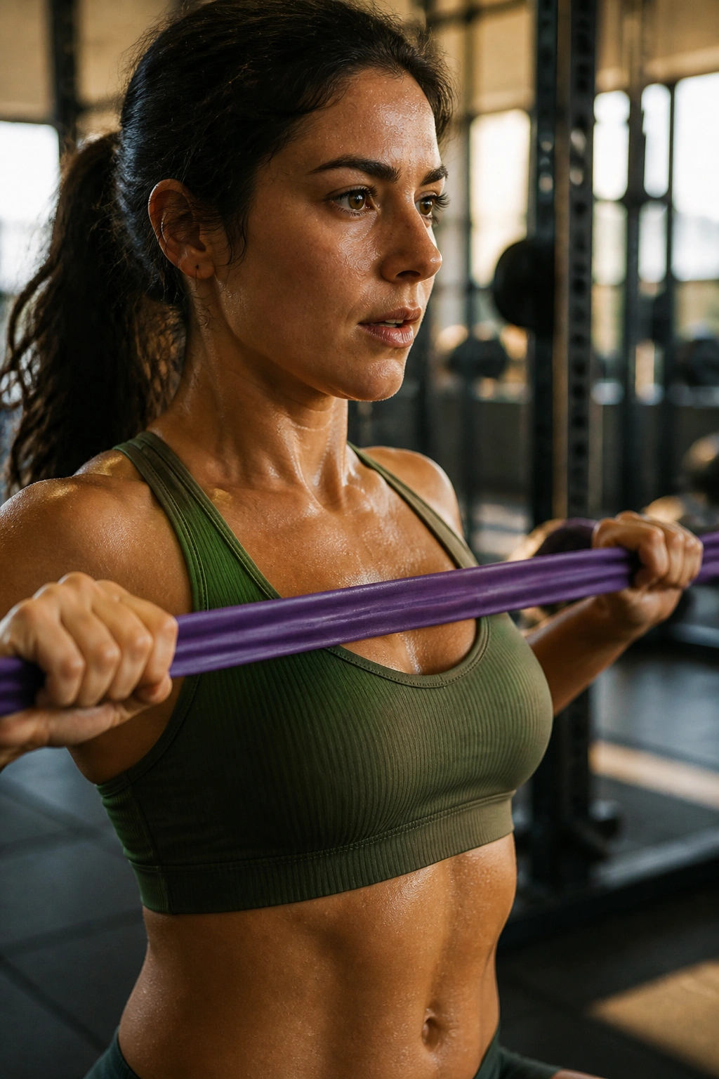 Person using resistance band in row motion in gym.