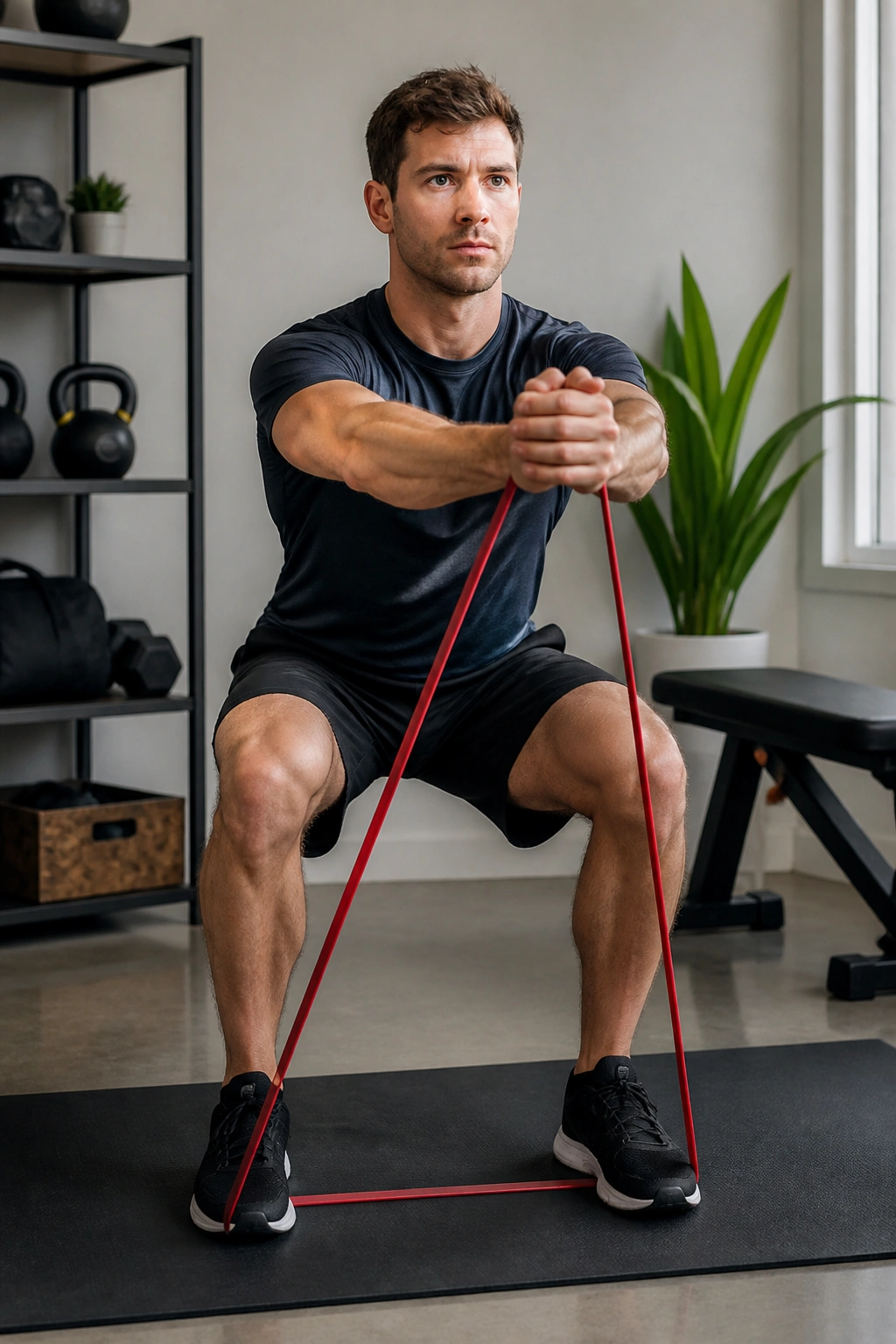 Real person using resistance band for total-body circuit in a home gym