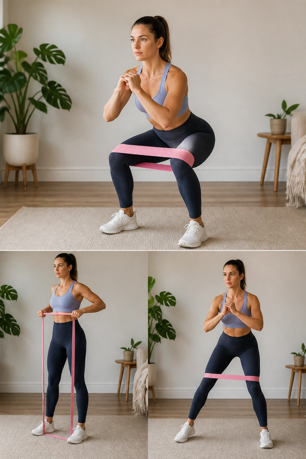 Person using resistance band for full-body circuit in a home setting