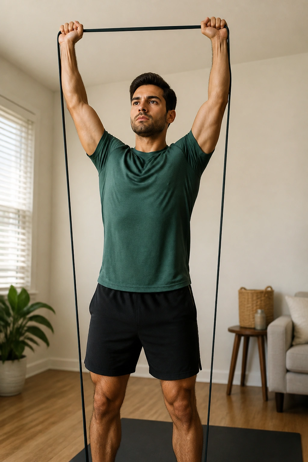 Person performing resistance band overhead press with loop under feet.