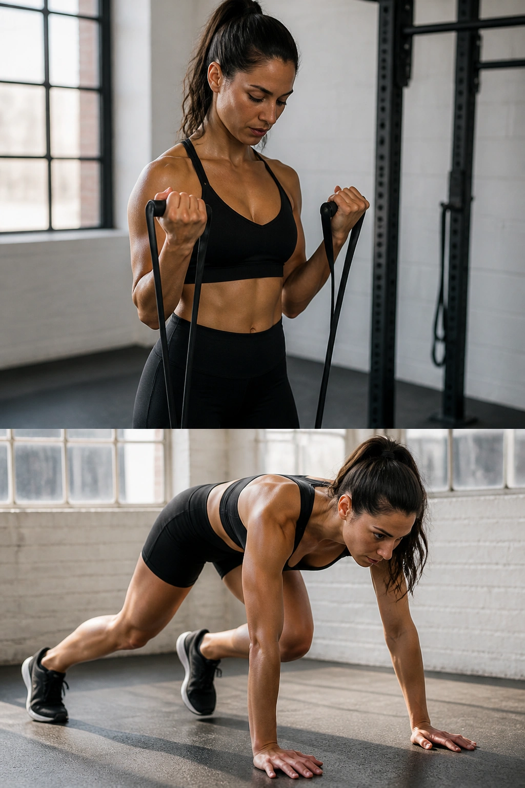 Person performing resistance band curl in gym