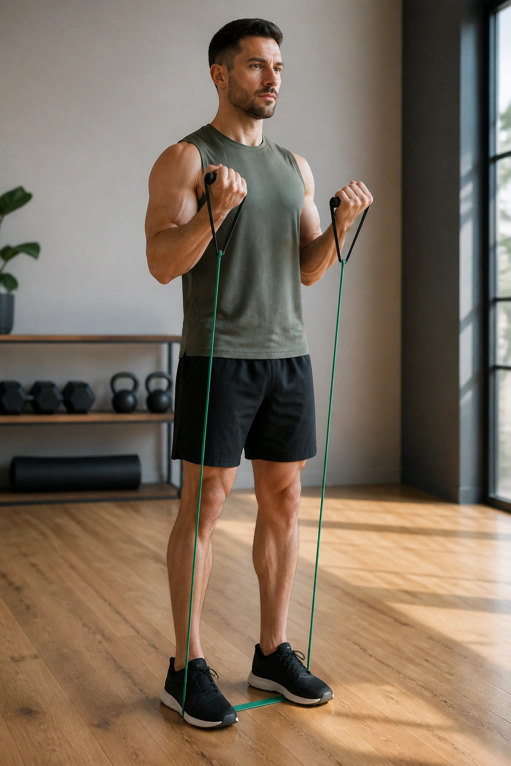 Person performing resistance band curls with straight wrists and engaged biceps