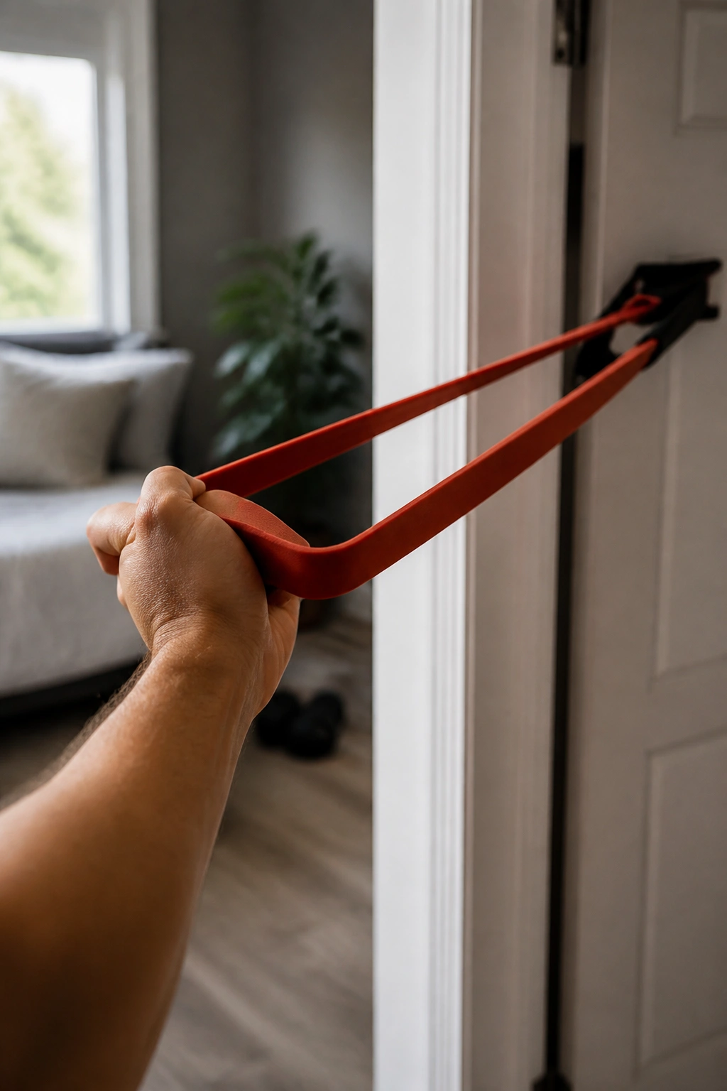 Close-up of a tensioned resistance band in a doorway home gym