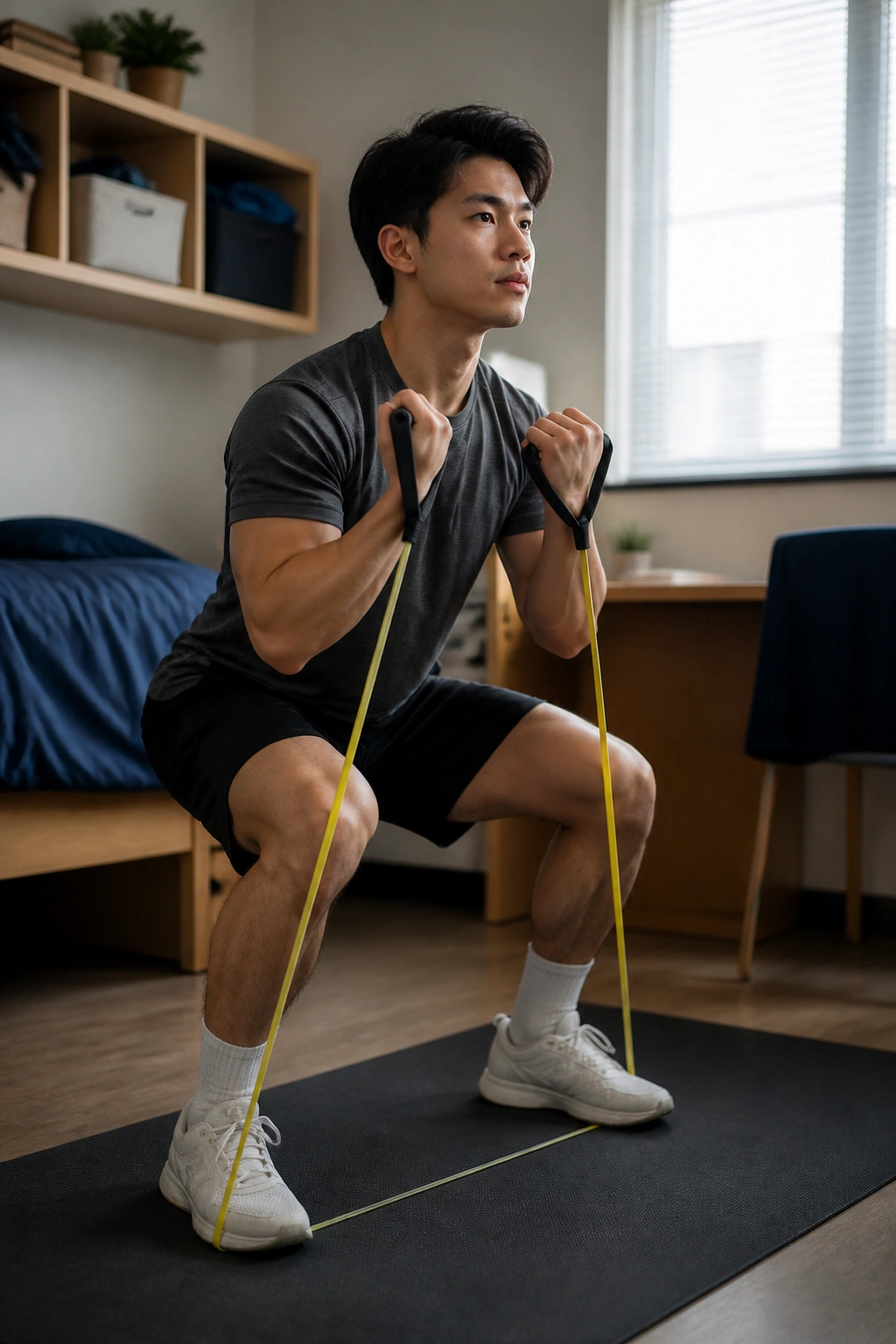 Student performing resistance-band exercise in a tight dorm corner.