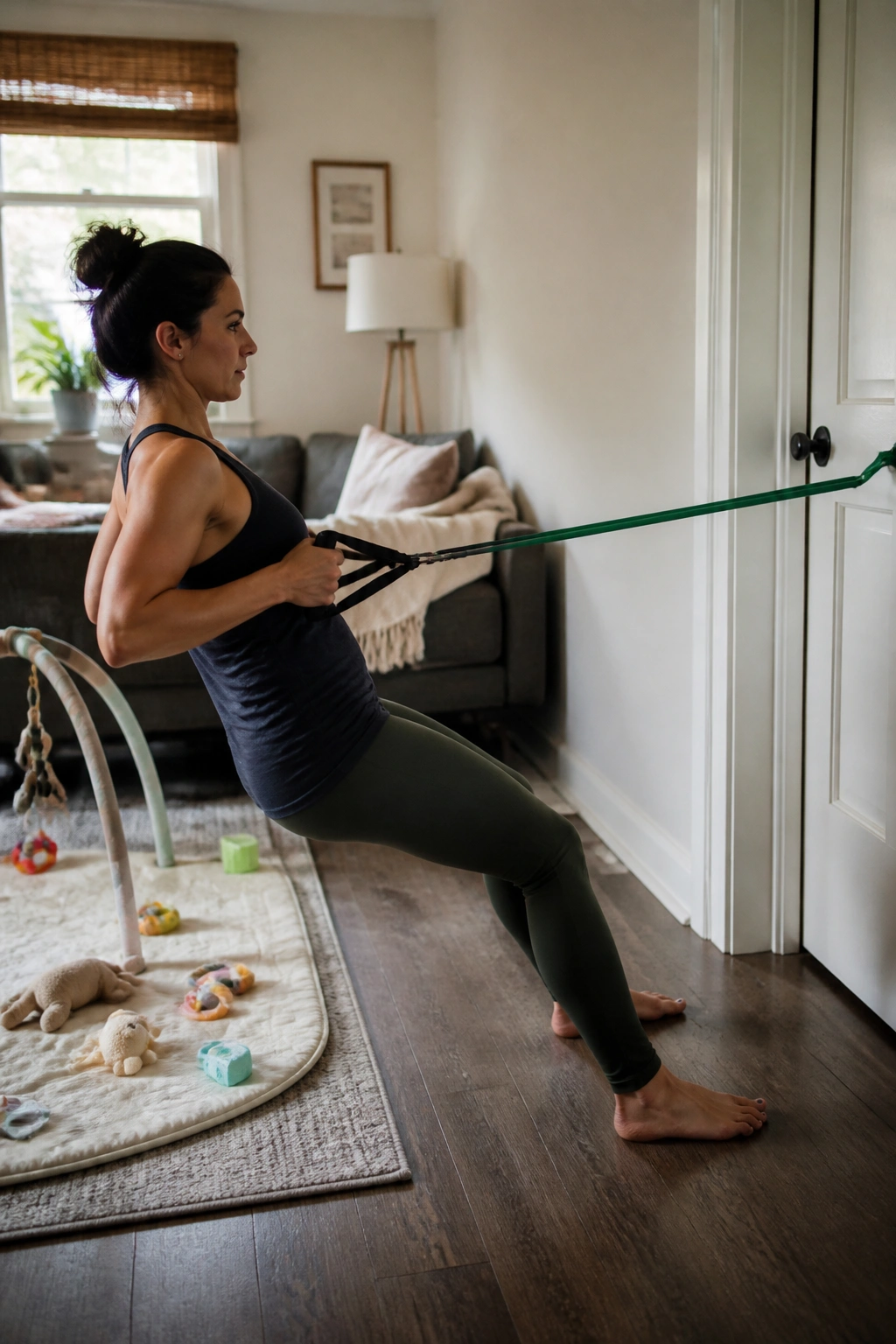 Real mom performing resistance-band exercise beside a play mat in a cozy living room.
