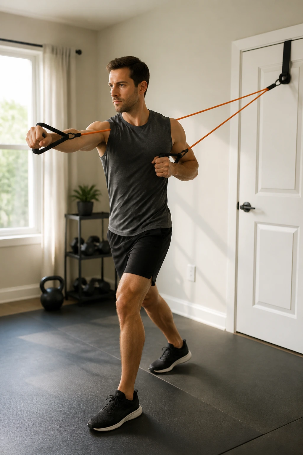 Real person performing a resistance band full-body exercise in a home gym
