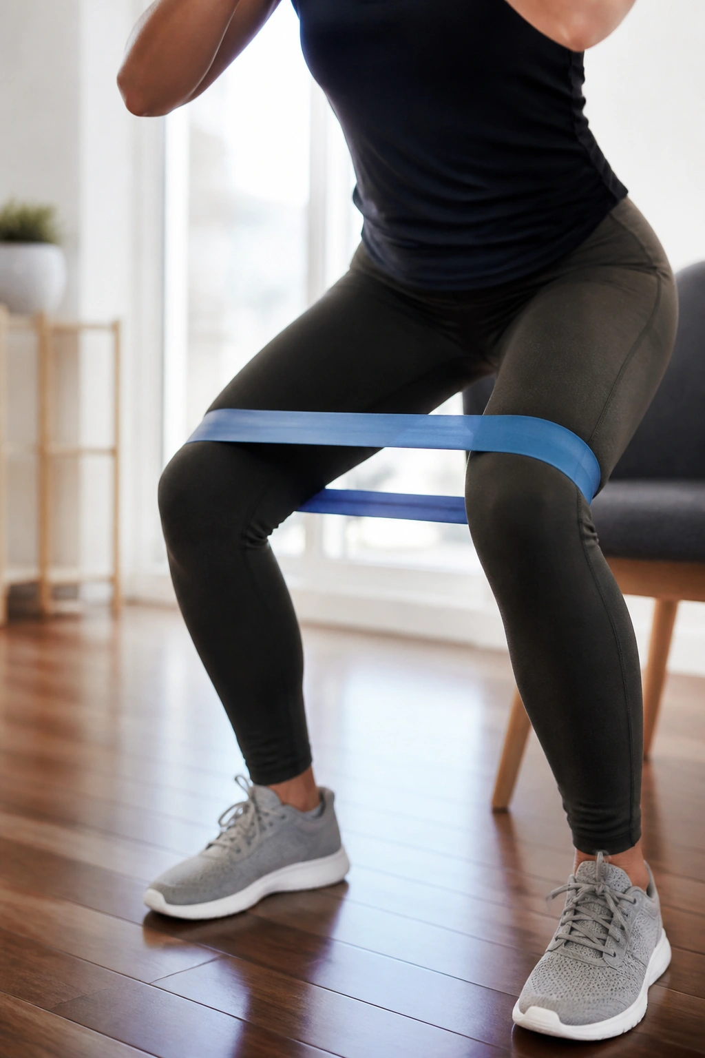 Lower body with resistance band above knees during chair squat