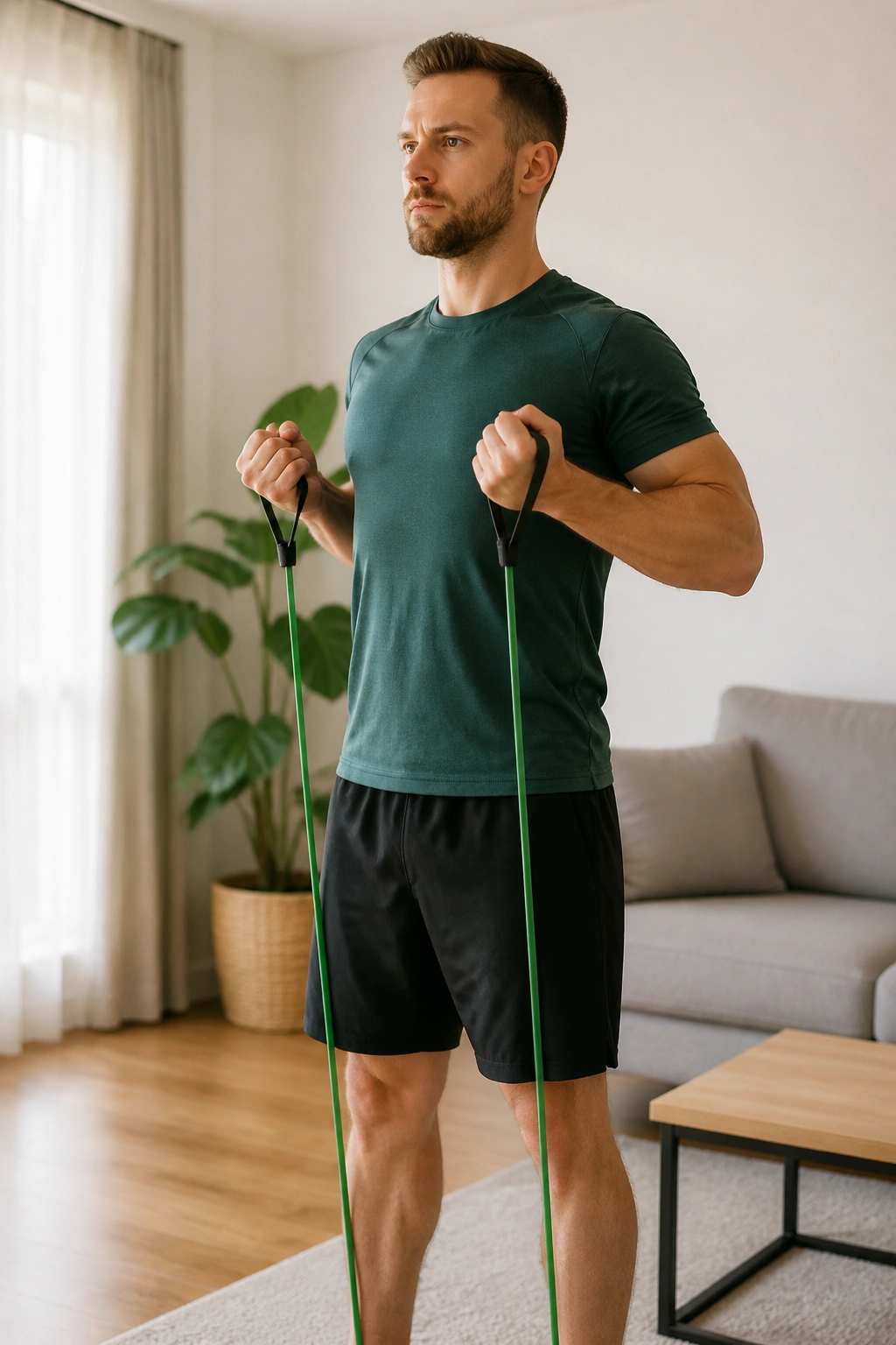 Person using a resistance band at home