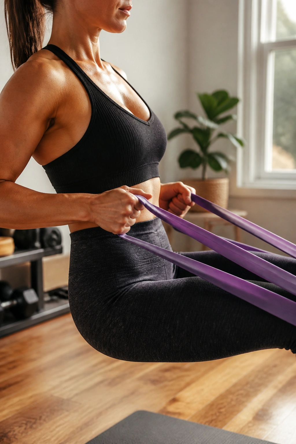 Close-up of a person using a resistance band for a row in a home gym