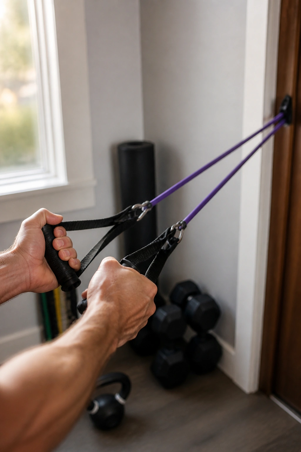 Close-up of a resistance band under tension in a home gym corner