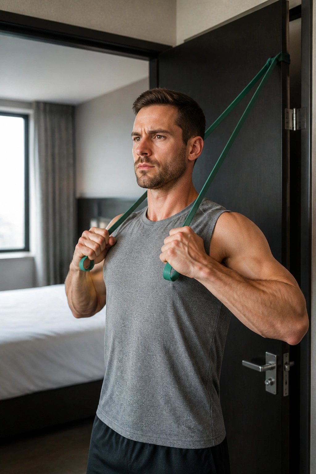 Person using a resistance band for a doorway workout in a hotel room