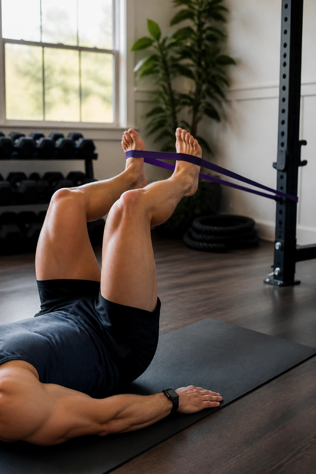 Resistance band leg press on a mat with feet pushing outward