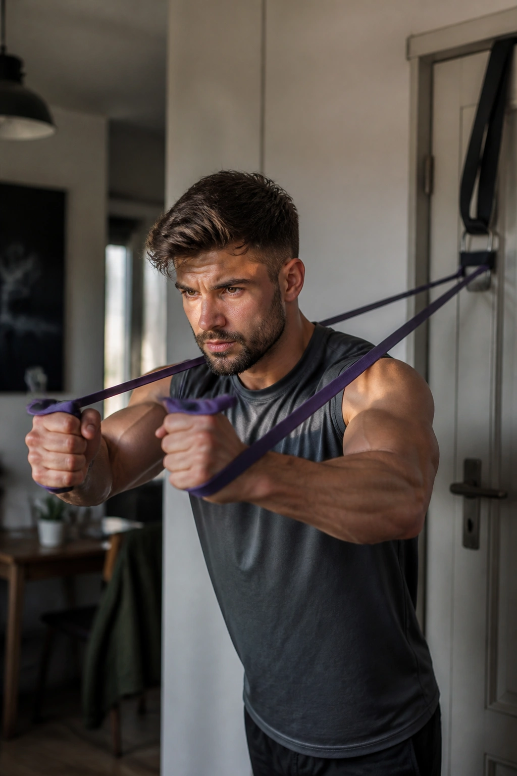 Man using resistance bands for a pump day in a home setting