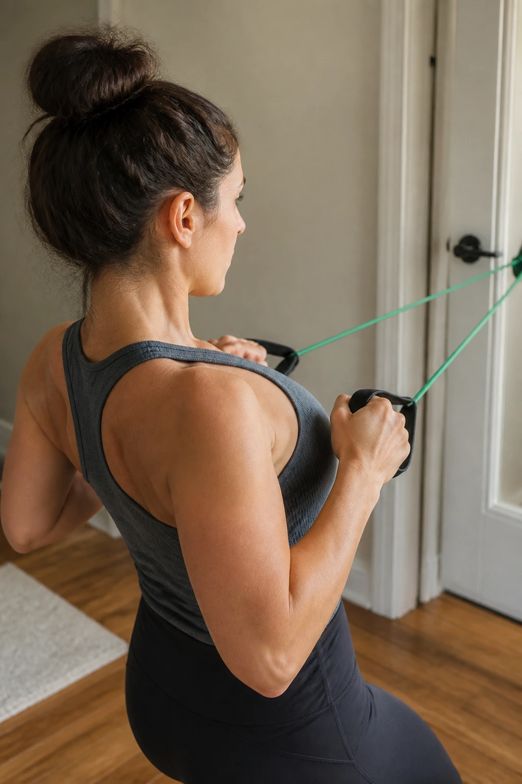 Close-up of a woman doing a resistance-band row in a home setting