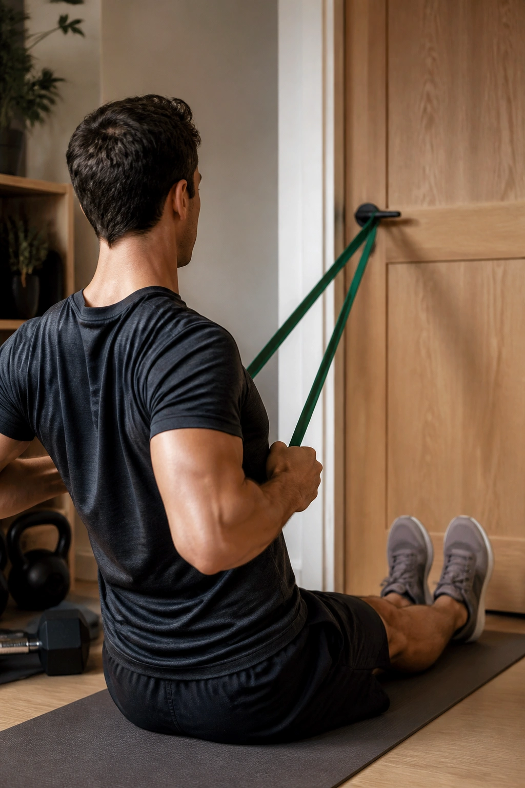 Real person performing a resistance band row in a home setting for Resistance Band Challenge