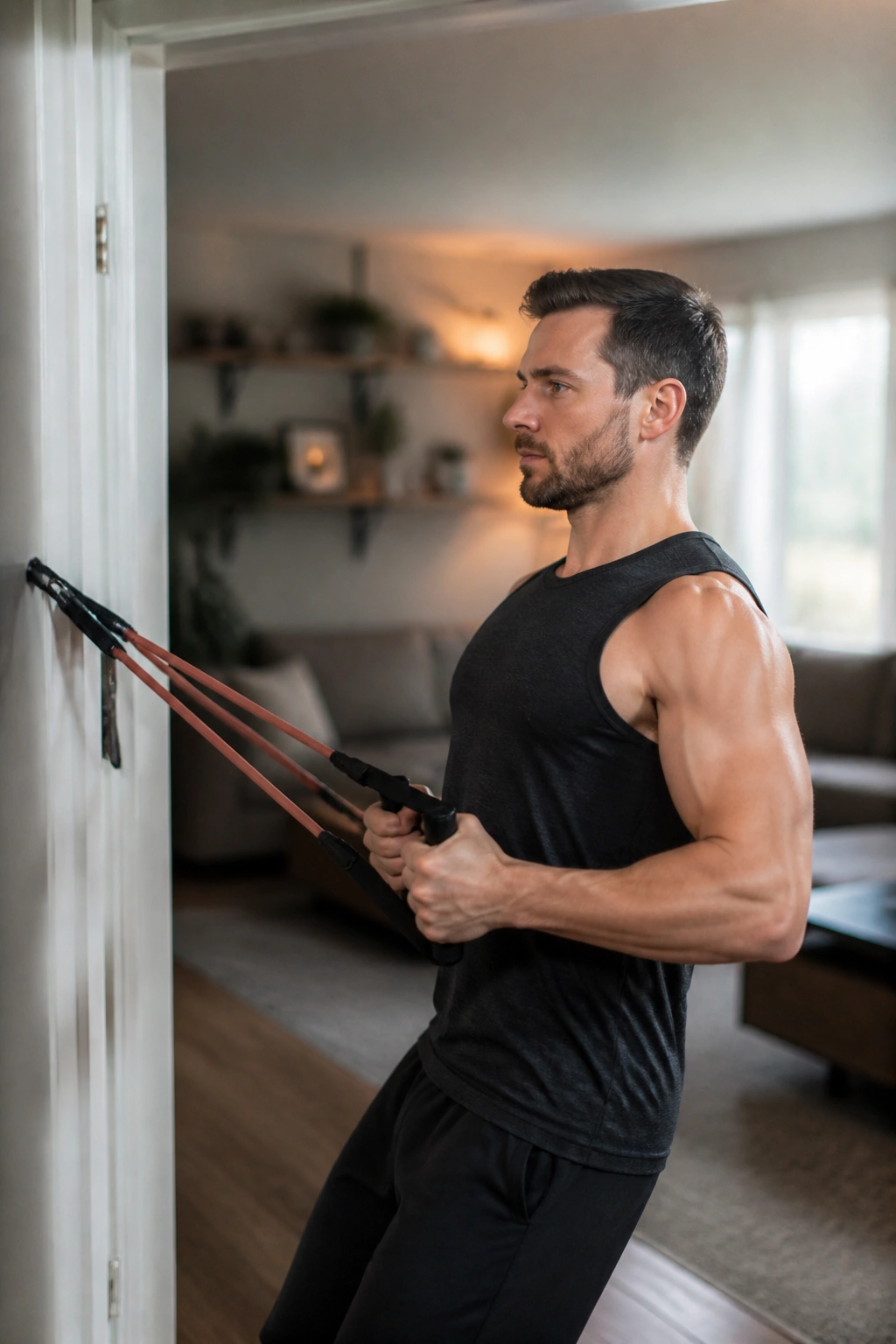 Medium close-up of a person doing a resistance band row at home, elbows close to the body and back engaged.