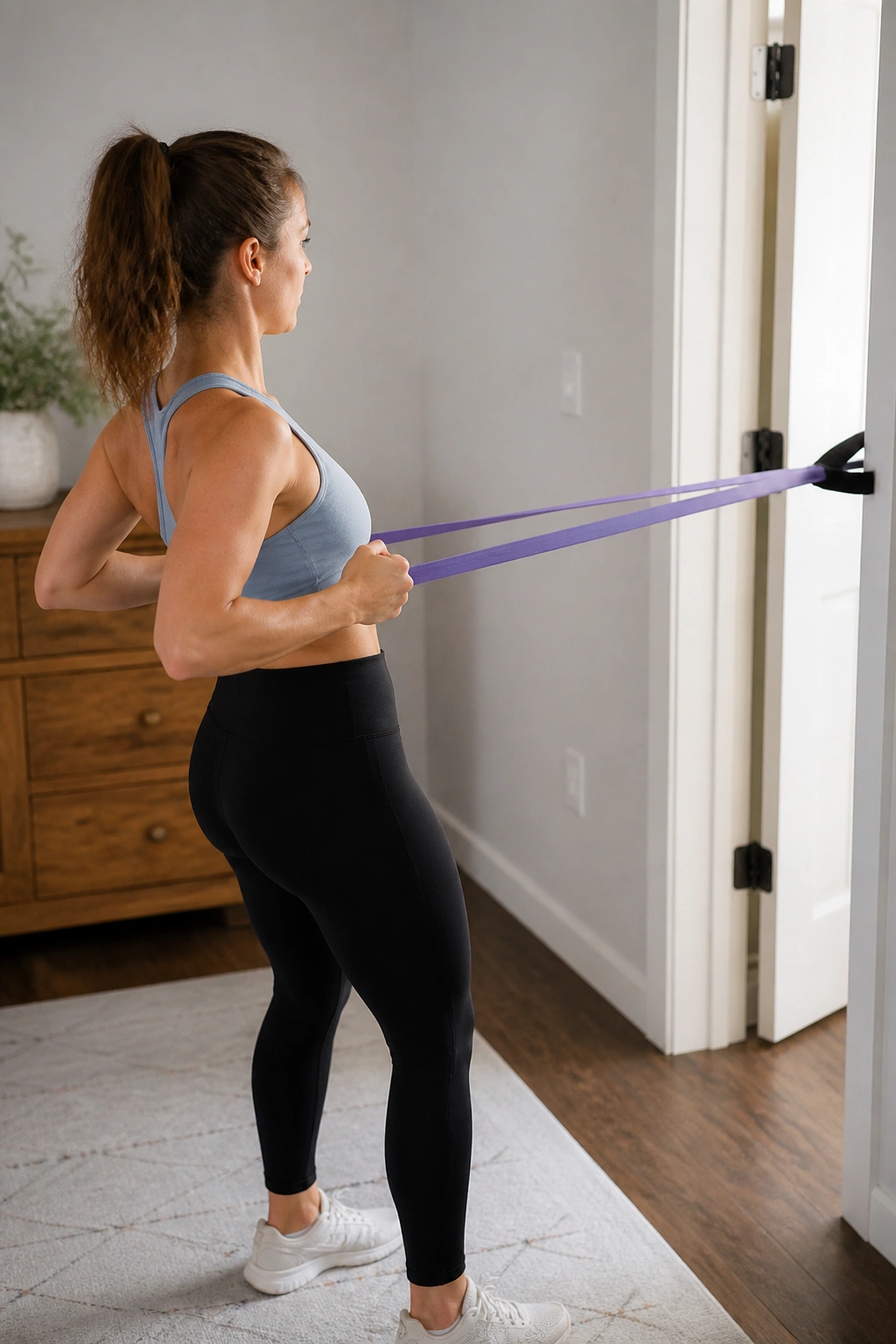 Real person doing resistance band row to improve posture