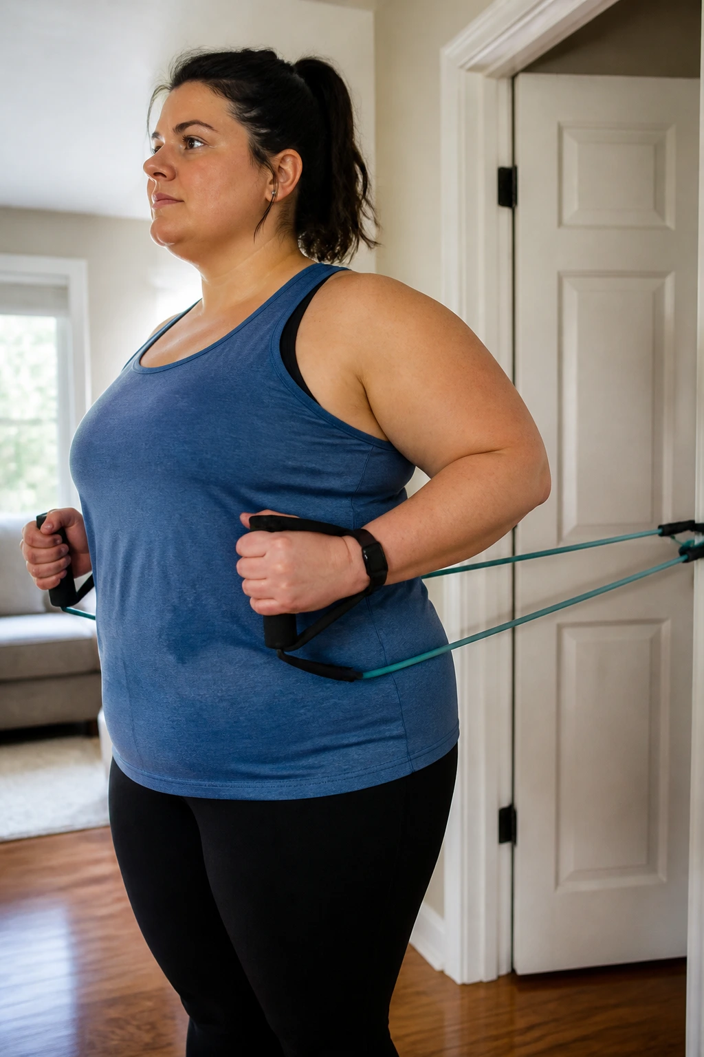 Medium close-up of a person performing resistance band rows at home using a door anchor.
