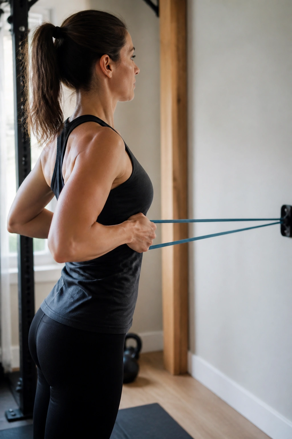 Real person performing resistance band rows in a home gym