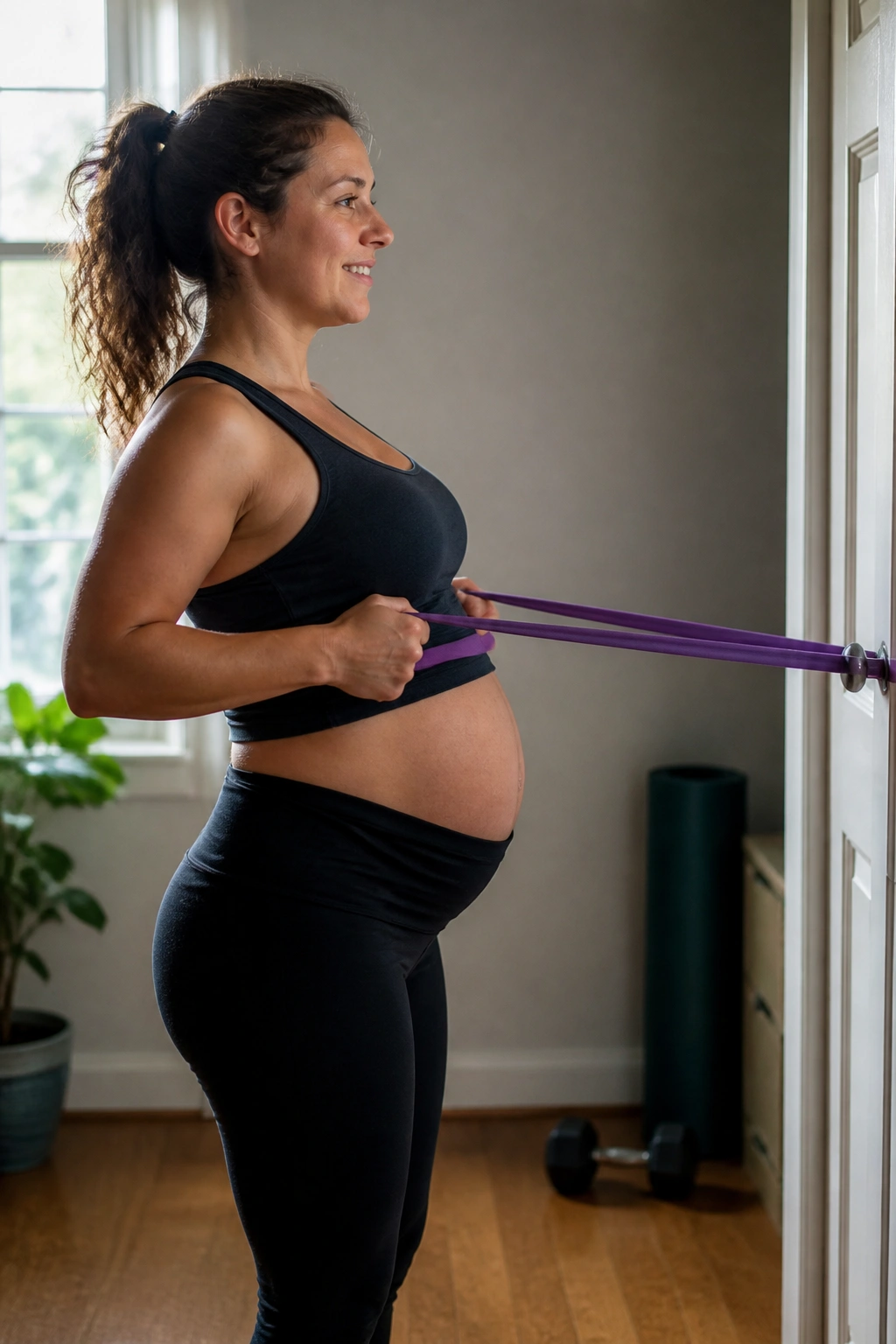 Pregnant person performing resistance-band rows with proper posture