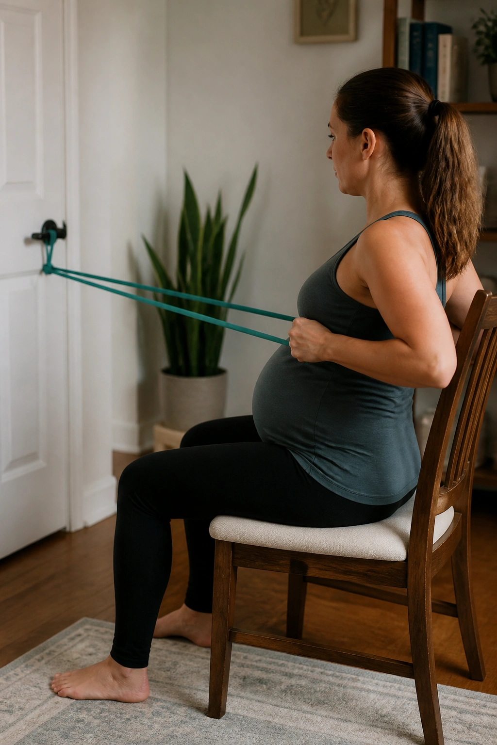 Pregnant woman performing resistance band rows with elbows close.
