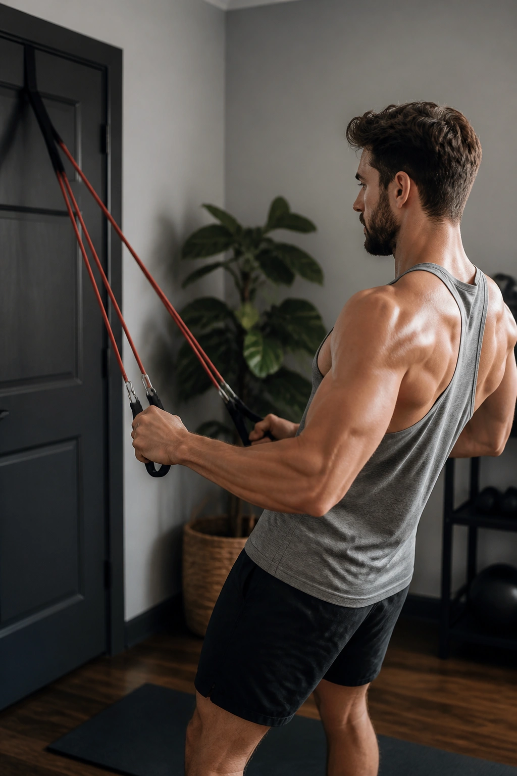 Person using resistance bands for rows and presses in a home setting