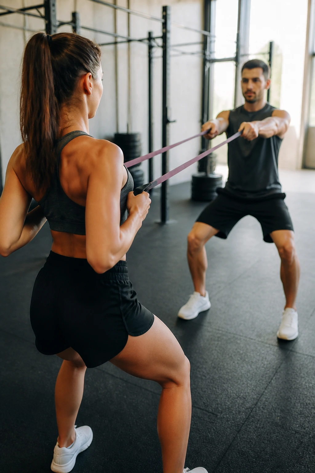 Two people using a resistance band for rows and presses in a gym