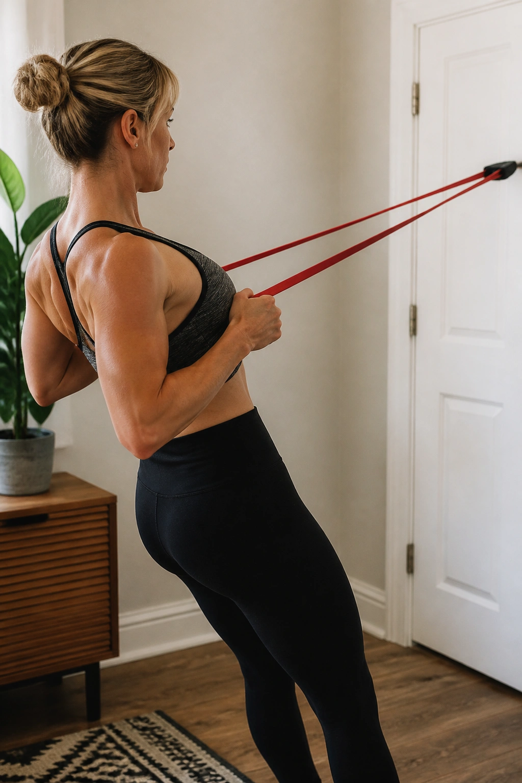 Person using resistance band for rows in a home workout space