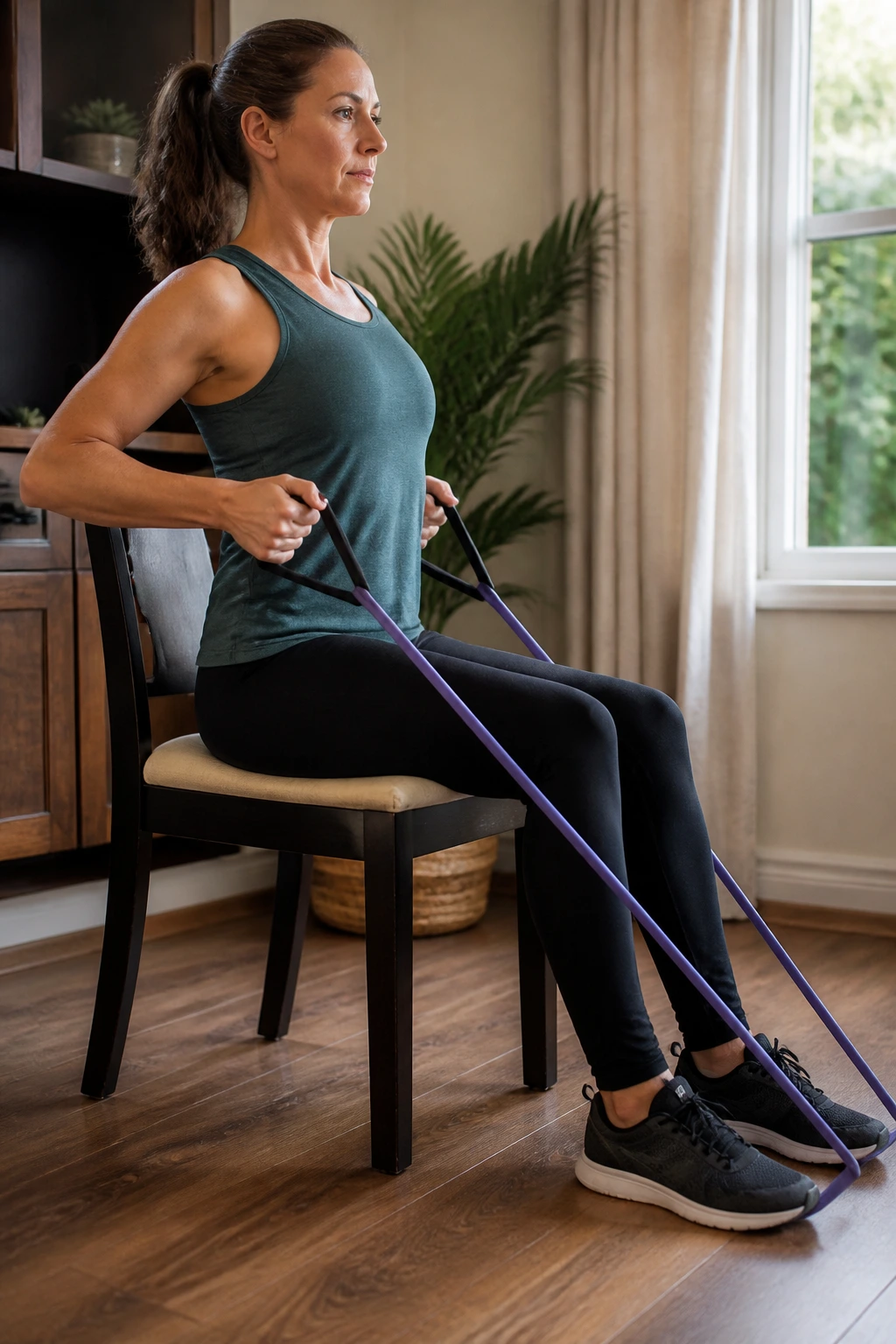 Person seated performing resistance band rows with focus on back muscles