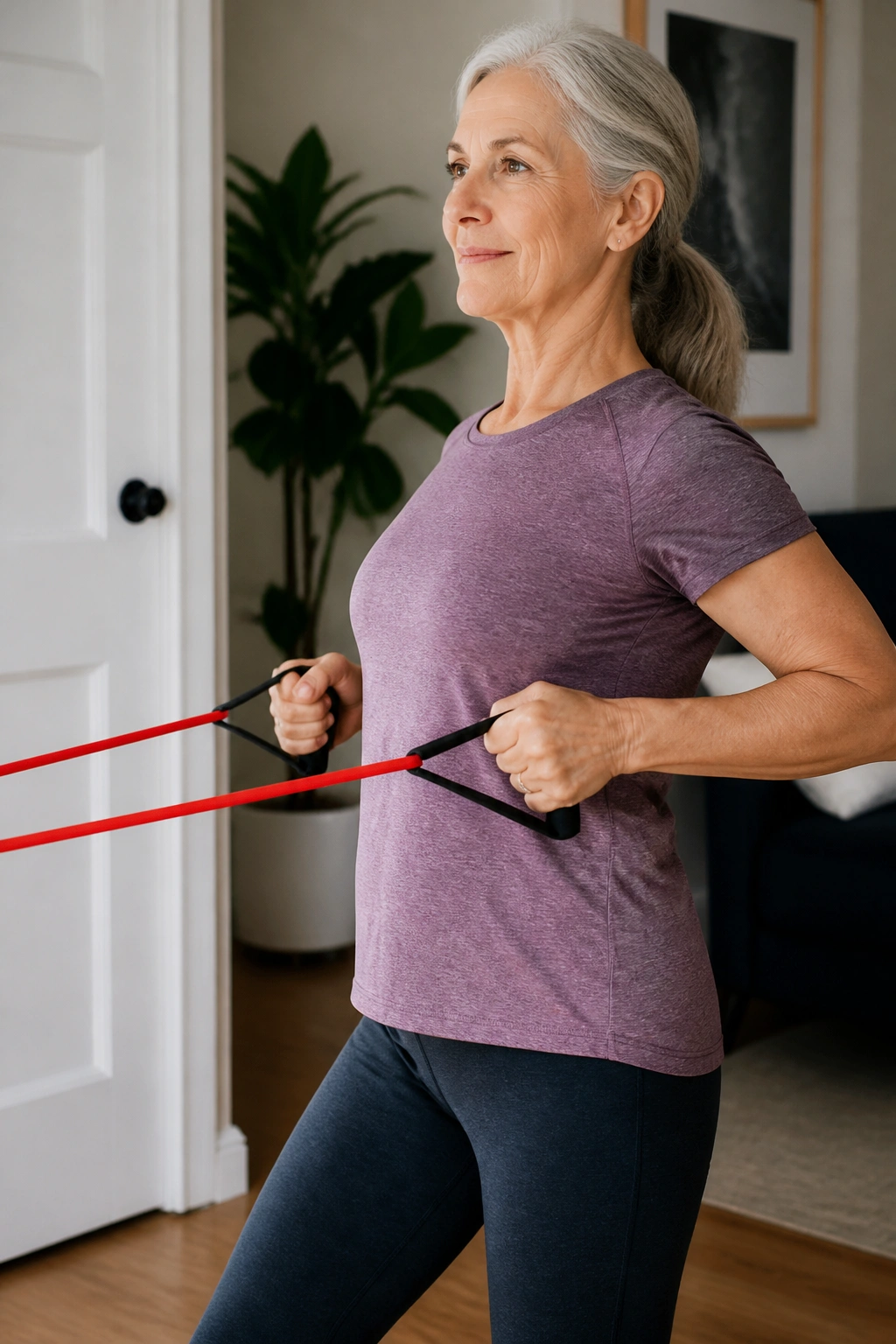 Person performing resistance band rows with elbows back and back engaged