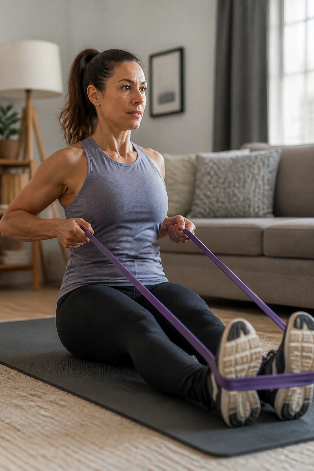 Medium close-up of a person performing resistance band rows to mobilize the upper back