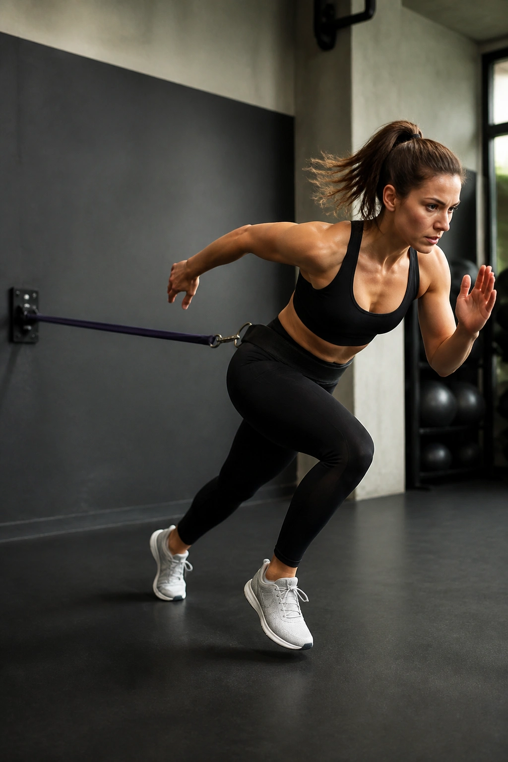 Person sprinting in place with resistance band anchored to wall