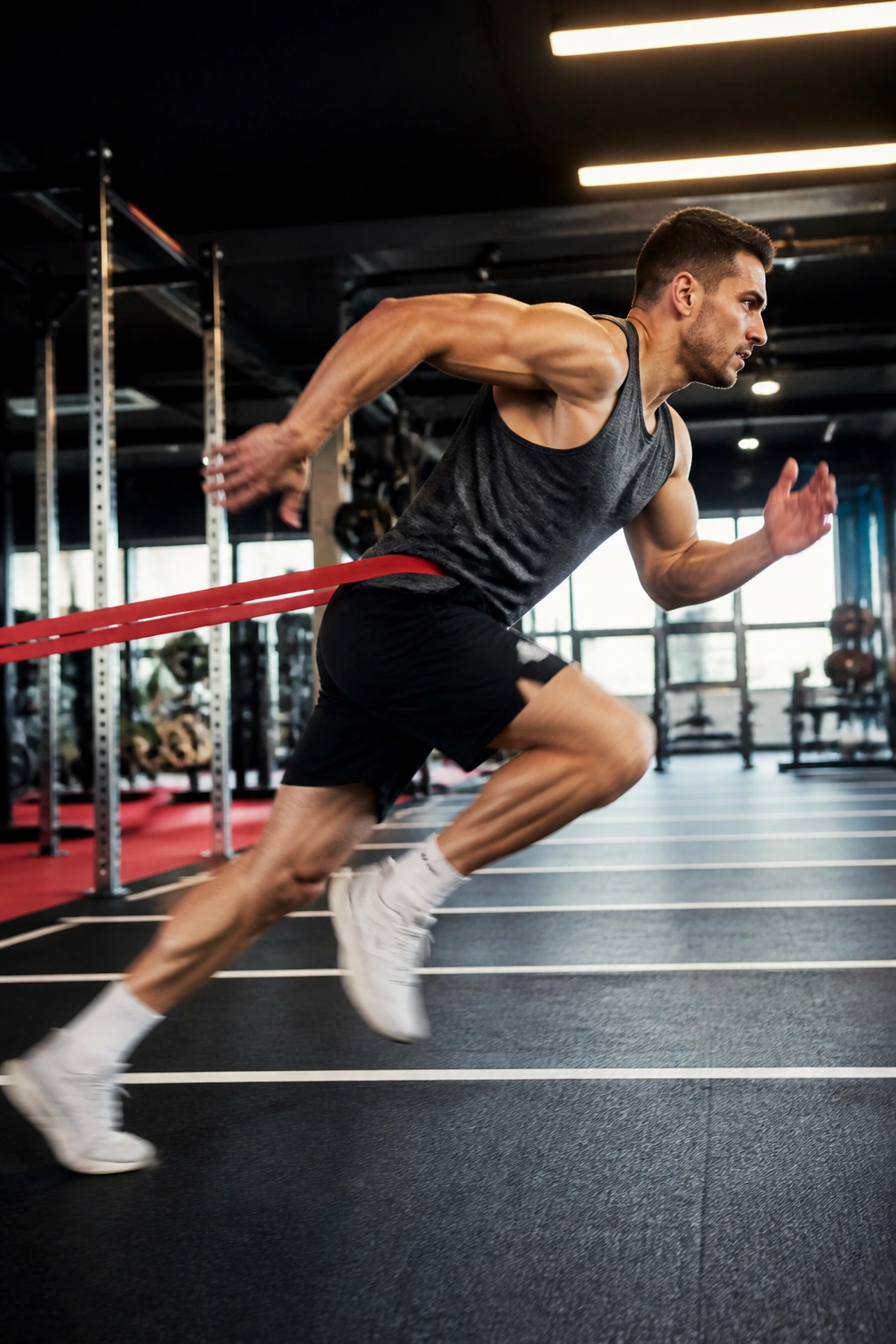 Athlete sprinting with a resistance band around the hips in a gym