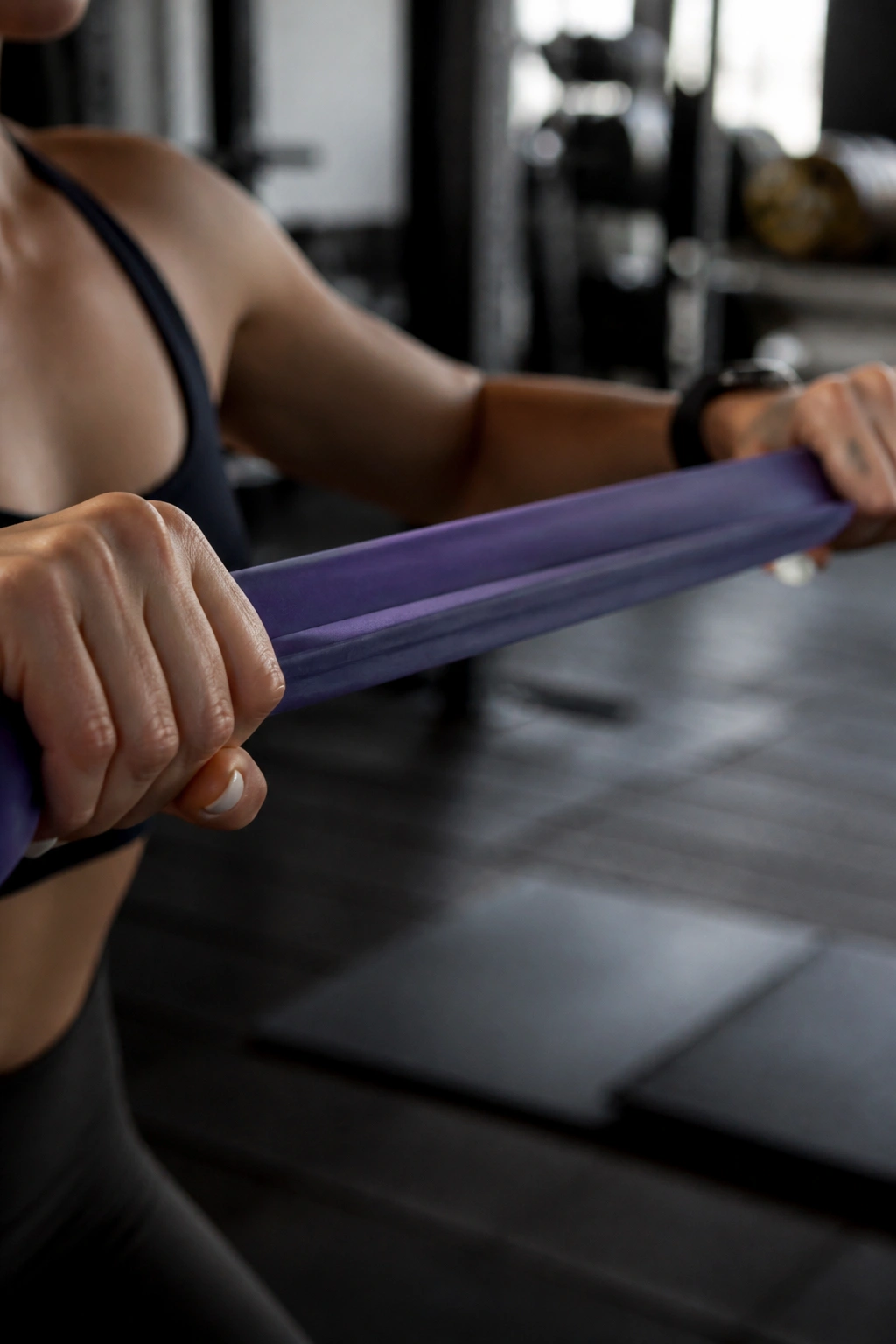 Close-up of a resistance band under tension stretched by hands in a gym