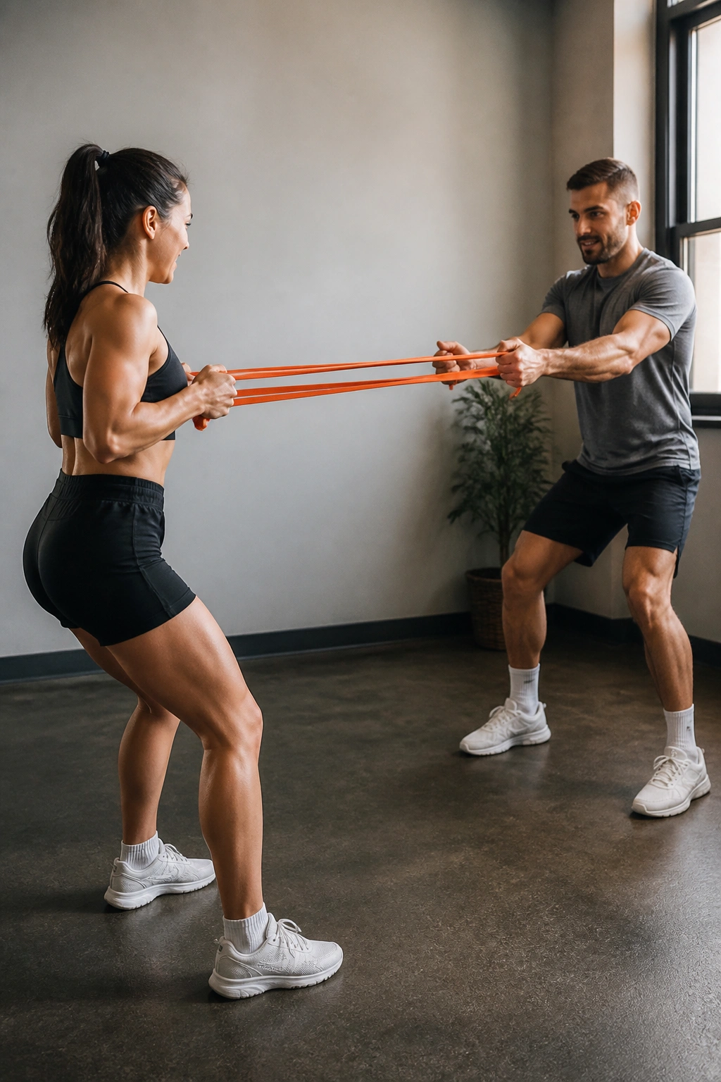Two people performing resistance band tug-and-go in a small room