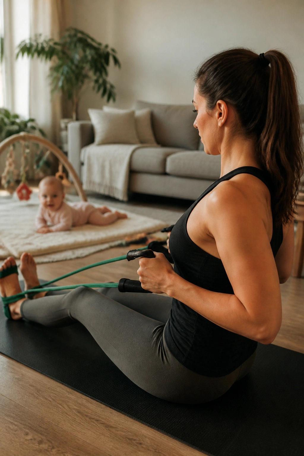 Medium-close shot of a person using a resistance band with a baby nearby on a play mat in a living room