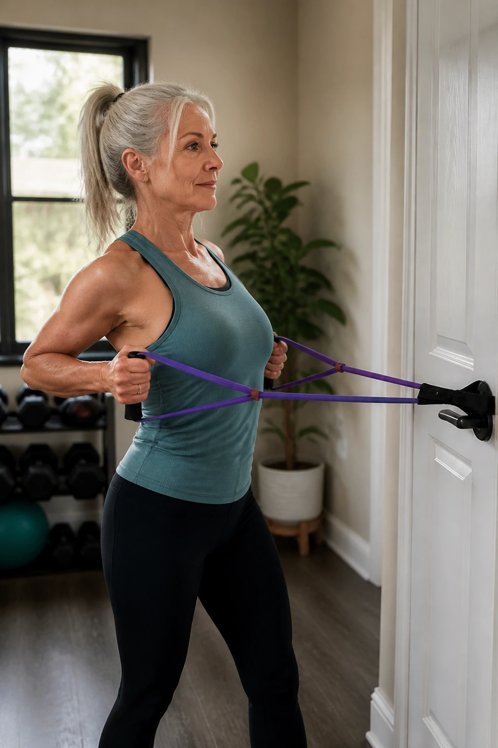 Real woman using resistance band for upper body workout