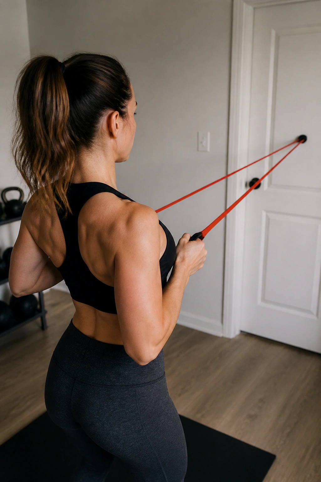 Person performing resistance band row in a minimal home gym