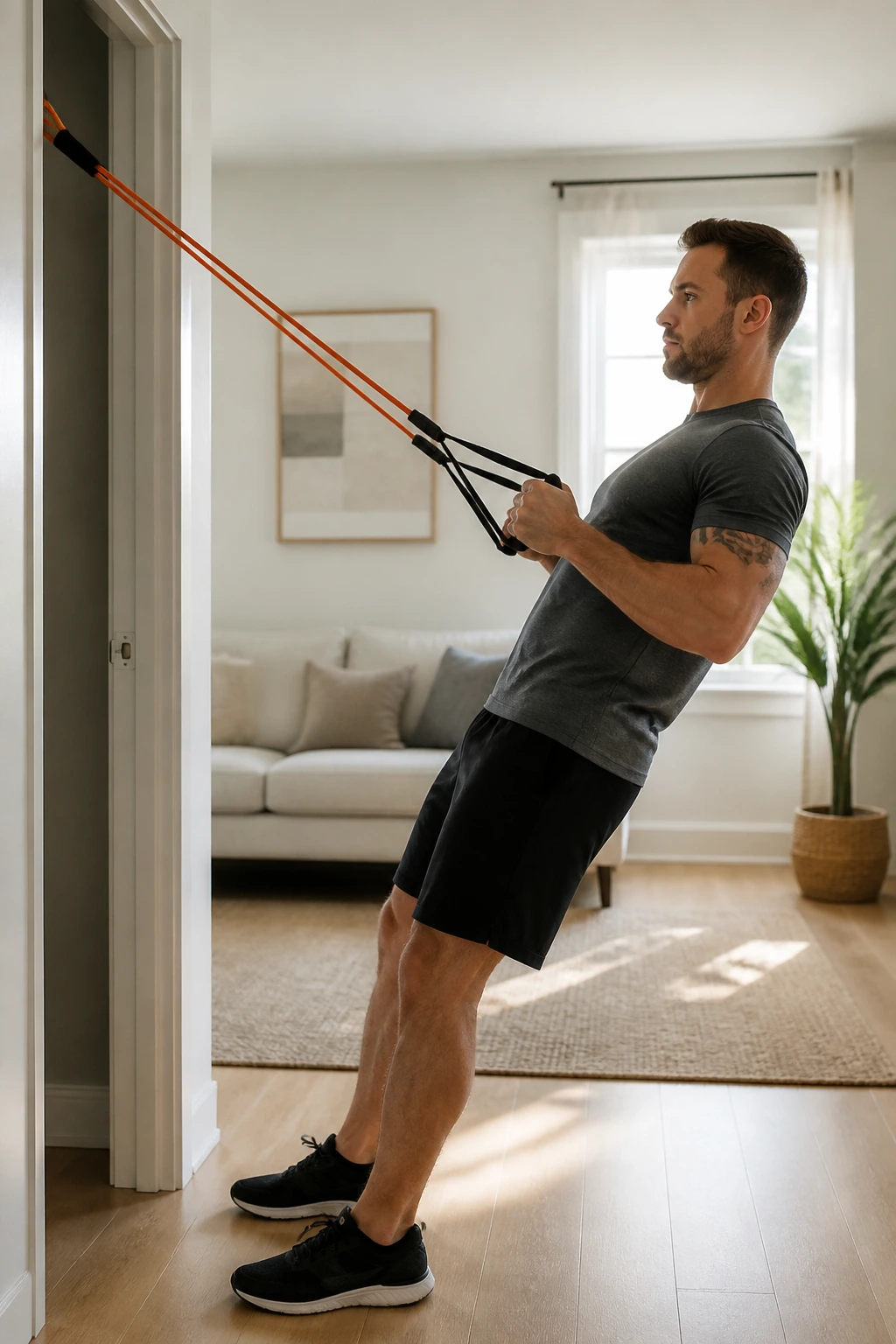 Person using a resistance band in a doorway during workout.